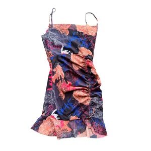 Glamaker Womens Graffiti‎ Print Mesh Ruched Mini Dress Multicolor Ruffle Hem M